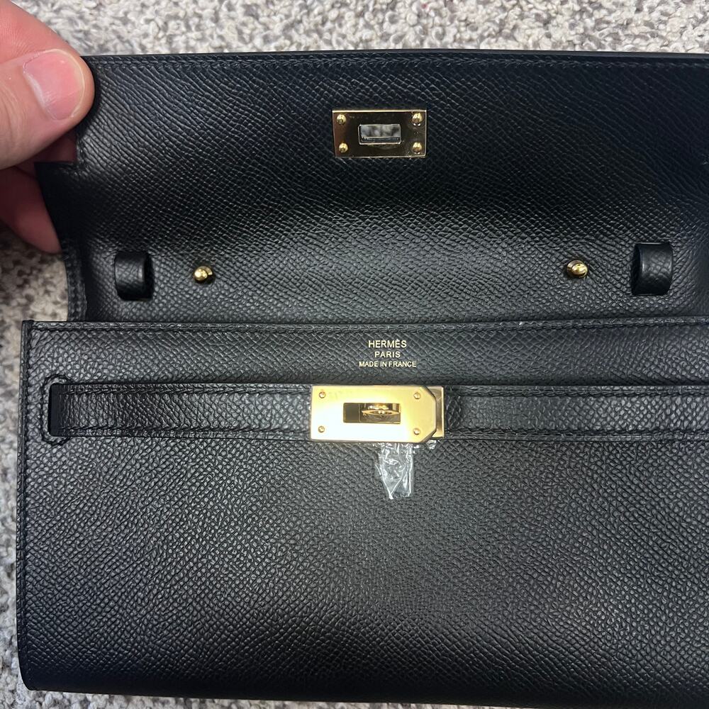 Hermes Womens Luxury Minimalist Kelly Classique To Go Wallet Epsom Calfskin Noir - Picture 7 of 16
